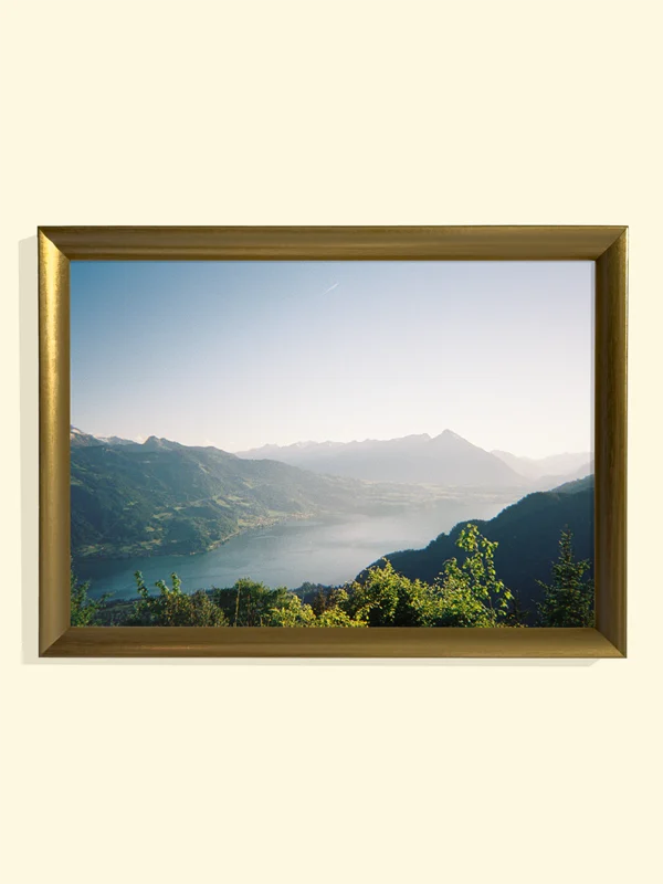 tablou cu ramă aurie cu peisaj munte