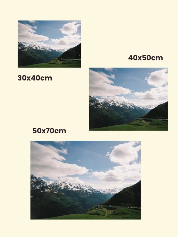 comparație între 30x40 cm, 40x50 cm și 50x70 cm printare tablou peisaj Elveția