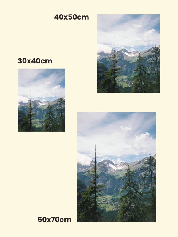 comparație tablou vertical dimensiuni print tablou canvas sau ramă foto Between Pines and Peaks