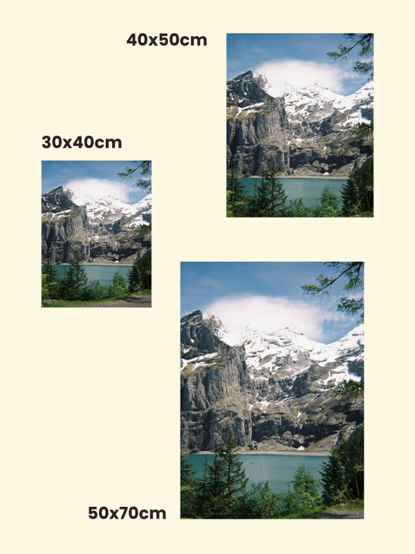 tablou pe mai multe dimensiuni de print cu lac turcoaz din Elveția Still Waters of Oeschinen